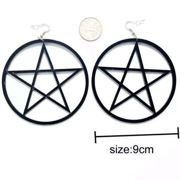 Large Black Pentacle Pentagram Hoop Earrings - Picture 2 of 3